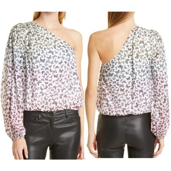 CAMI NYC Lenore Rainbow Butterfly One-Shoulder Blouson Top White Women's Size M - Picture 1 of 5